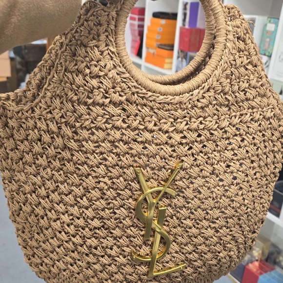 Yves Saint Laurent Handbags - Yves Saint Laurent Beige Woven Tote with Gold Logo